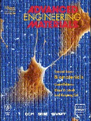 Titelblatt der Dezemberausgabe der Zeitschrift "Advanced Engineering Materials": Auf der laserbehandelten Teflonoberfläche strecken die Bindegewebszellen ihre "Füßchen" aus und finden Halt zum Wachsen.