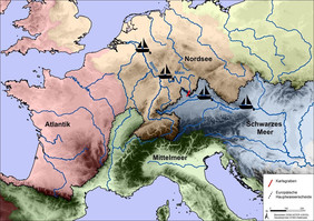 Lage des Karlsgrabens in Mitteleuropa mit dem Schifffahrtsweg Rhein-Donau (Grafik: Uni Jena, L. Werther)
