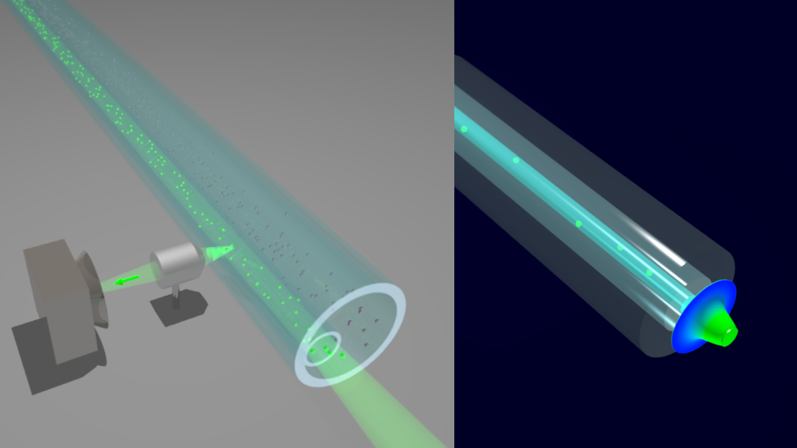 Komplexe Nanostrukturierungen in optischen Fasern sorgen für die Bildung des neuen Lichtmode (links) sowie für die Detektion selbst kleinster Partikel (rechts).